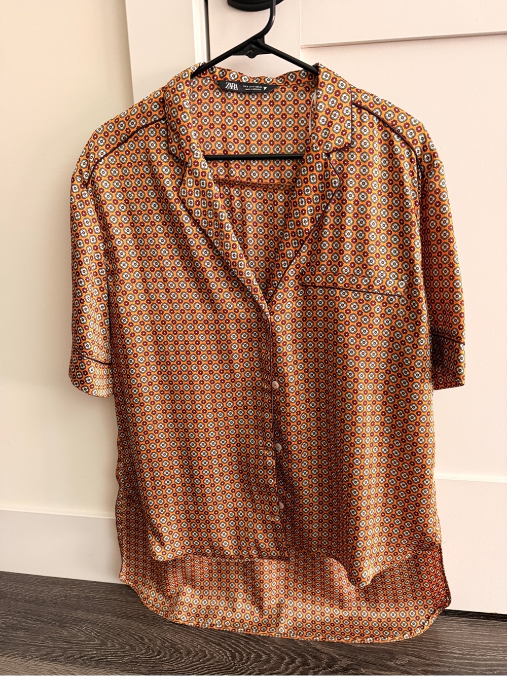 Zara Orange Floral Geometric Button-Up Blouse